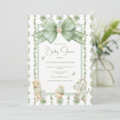 Dinosaur Greenery Bow Cute Baby Shower Invitation (Debout devant)