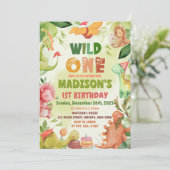 Dinosaur Greenery Wild One 1st Birthday Party Kaart (Staand voorkant)
