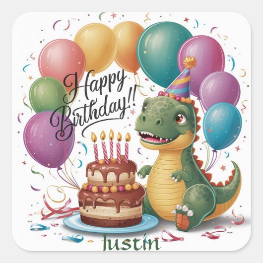 Dinosaur Happy Birthday Vierkante Sticker (Voorkant)