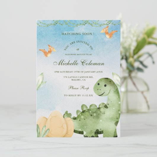Dinosaur Hatching Soon Baby shower Invitation Kaart (Staand voorkant)
