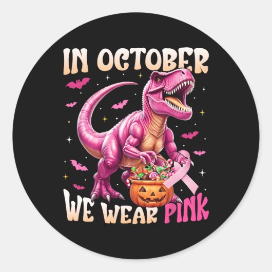 Dinosaur in oktober Draag we roze borstkanker Awa Ronde Sticker (Voorkant)