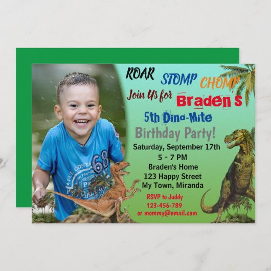 Dinosaur invitation anniversaire (Devant / Derrière)