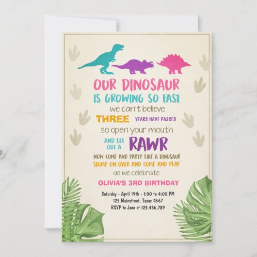 Dinosaur invitation anniversaire Fille Dinosaur fê (Devant)