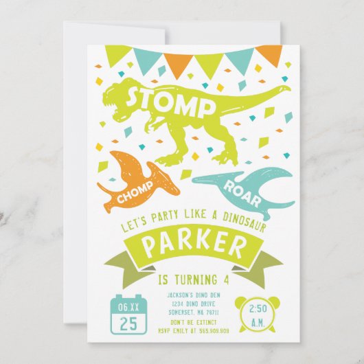 Dinosaur Invitation Anniversaire Moderne coloré (Devant)