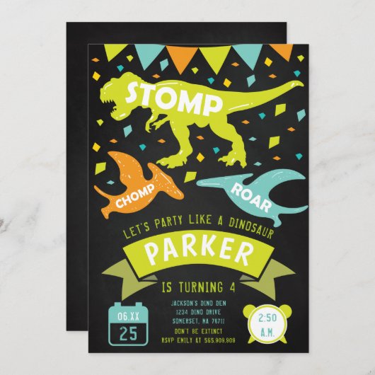 Dinosaur Invitation Anniversaire Moderne Tableau d (Devant / Derrière)