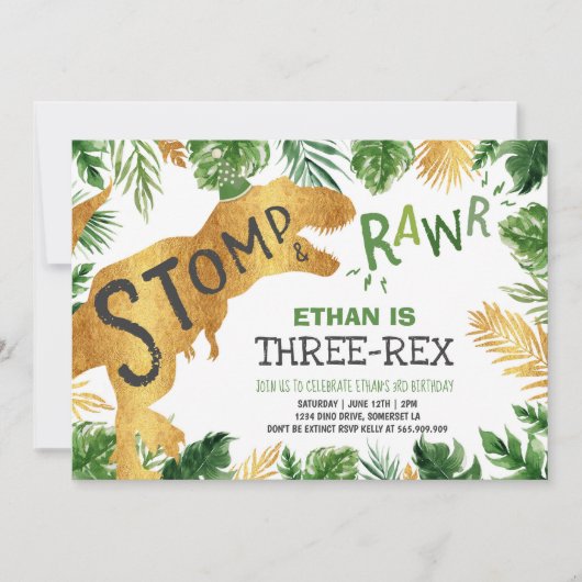 Dinosaur Invitation d'anniversaire à trois rapport (Devant)