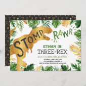 Dinosaur Invitation d'anniversaire à trois rapport (Devant / Derrière)