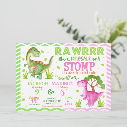 Dinosaur Invitation d'anniversaire conjointe pour  (Debout devant)