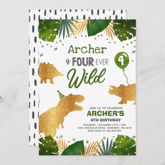 Dinosaur Invitation d'anniversaire Four Ever Wild (Devant / Derrière)
