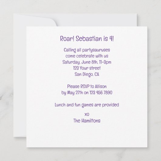 Dinosaur invitation d'anniversaire, pour les paris (Dos)