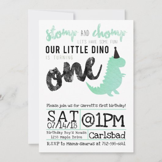 Dinosaur Invitation Stomp and Chomp First Birthday Kaart (Voorkant)
