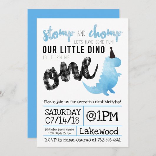 Dinosaur Invitation Stomp and Chomp First Birthday Kaart (Voorkant / Achterkant)