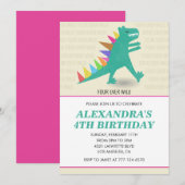 Dinosaur invitations de 4e anniversaire Fille rose (Devant / Derrière)