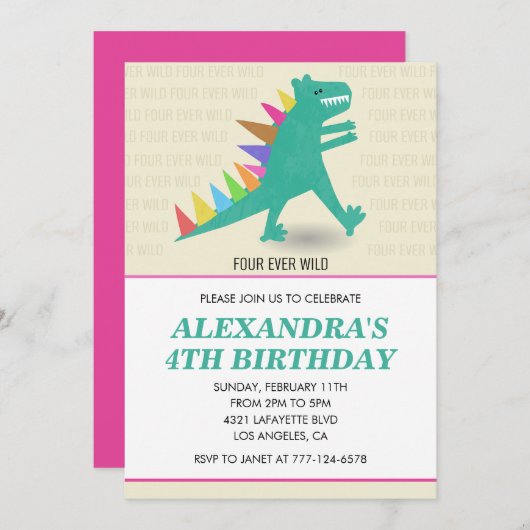 Dinosaur invitations de 4e anniversaire Fille rose (Devant / Derrière)