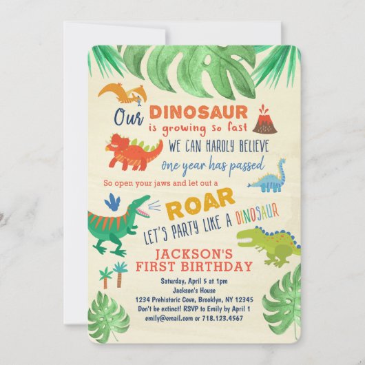 Dinosaur Invitations pour le premier anniversaire (Devant)