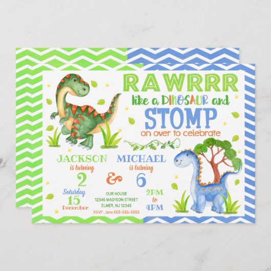 Dinosaur Joint Birthday Invitation for Siblings Kaart (Voorkant / Achterkant)