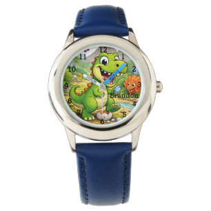 Dinosaur Jongen Modern Groene Trex Aangepaste Naam Horloge