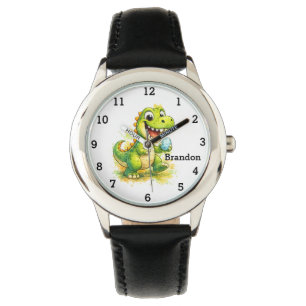 Dinosaur Jongen Modern Groene Trex Aangepaste Naam Horloge