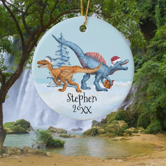 Dinosaur Kerstaptor Waterverf Naam Keramisch Ornament