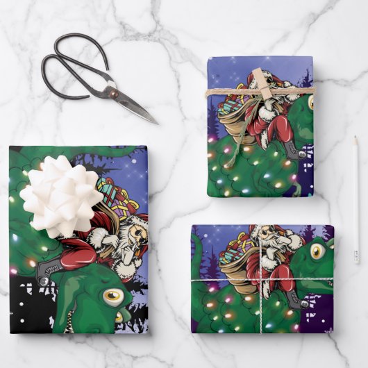 Dinosaur kerstkerstkerstkerstman inpakpapier vel (Voorkant)