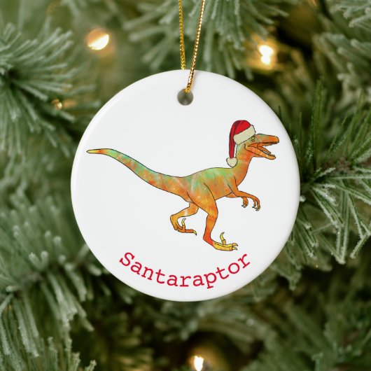 Dinosaur kerstman santa raptor keramisch ornament (Boom)
