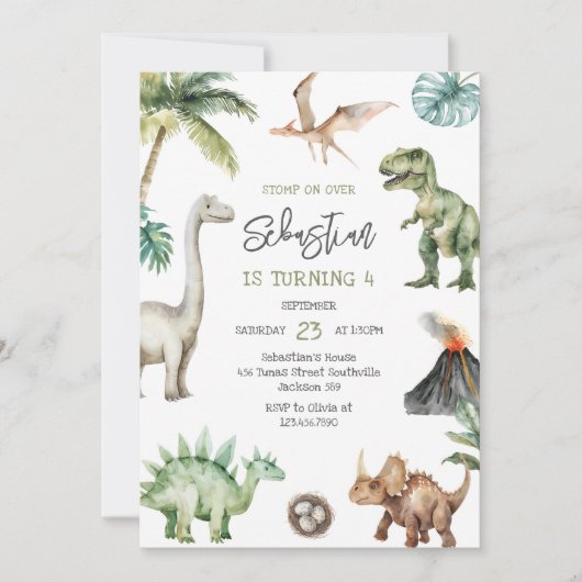 Dinosaur Kids Birthday Invitation (Devant)