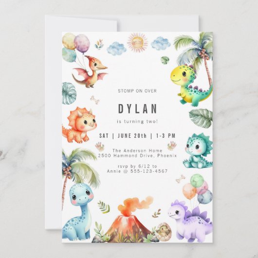 Dinosaur Kids Birthday Party Invitation (Devant)