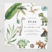 Dinosaur Kids Birthday Party Invitation Kaart (Voorkant / Achterkant)
