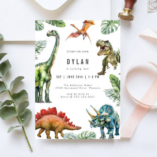 Dinosaur Kids Watercolor Birthday Invitation