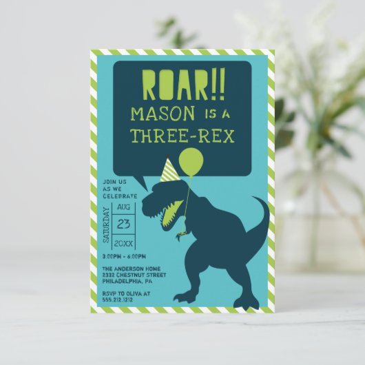 Dinosaur Modern Three Rex Birthday Invite Kaart (Staand voorkant)