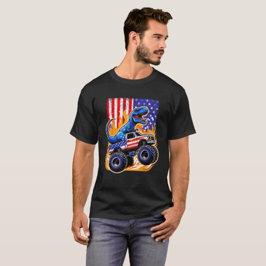 Dinosaur Monster Truck Dino 4 juli jongens Ameri T-shirt (Voorkant volledig)