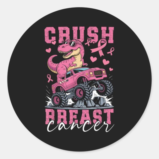 Dinosaur Monster Truck Roze Ribbon Crush Borst Ca Ronde Sticker (Voorkant)