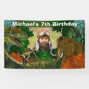 Dinosaur-oerwoud T-rex, foto van wollen mammot Spandoek