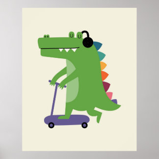 Dinosaur on a Scooter with Headphones Baby kids Poster