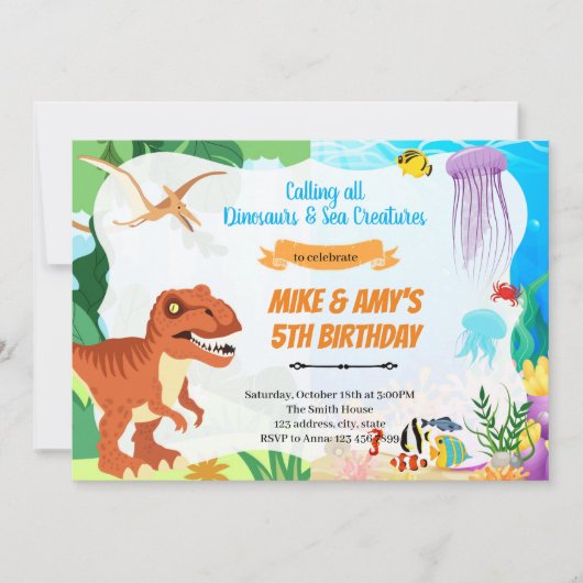 Dinosaur onder de zee gezamenlijk feest kaart (Voorkant)