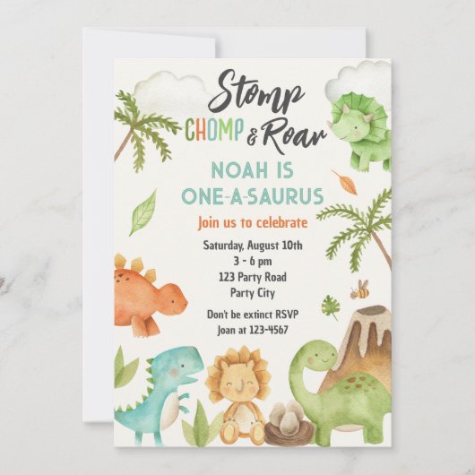 Dinosaur One-A-Saurs 1st Birthday Party Invitation Kaart (Voorkant)