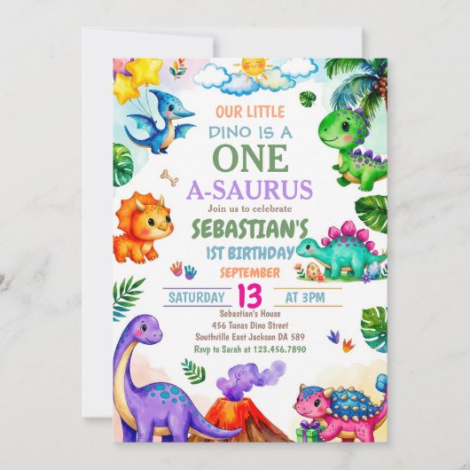 Dinosaur One-A-Saurus 1st Birthday Party Kaart (Voorkant)