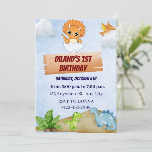 Dinosaur One A-Saurus Boy 1e verjaardag Uitnodigin Kaart (Staand voorkant)