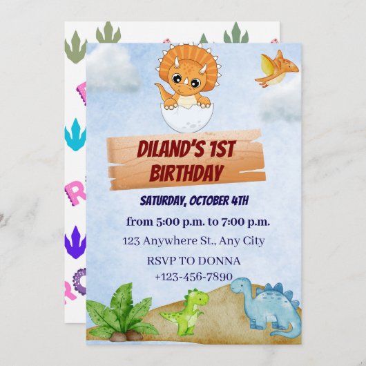 Dinosaur One A-Saurus Boy 1er Invitation anniversa (Devant / Derrière)