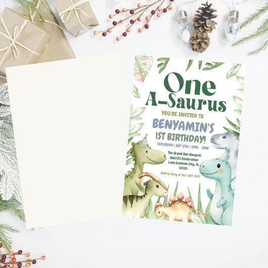 Dinosaur One-A-Saurus Boy 1st Birthday Party Invit Kaart