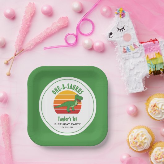 Dinosaur One-A-Saurus Genderneutraal 1e verjaardag Papieren Bordje (Feest)