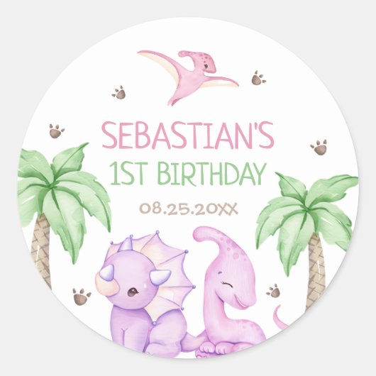 Dinosaur One-A-Saurus Meisje 1e Verjaardagsfeest Ronde Sticker (Voorkant)