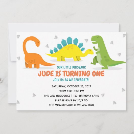 Dinosaur Party First Birthday Boy uitnodiging (Voorkant)
