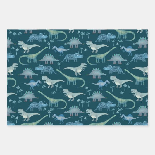 Dinosaur Pattern Blauwgroen Inpakpapier Vel (Voorkant 3)