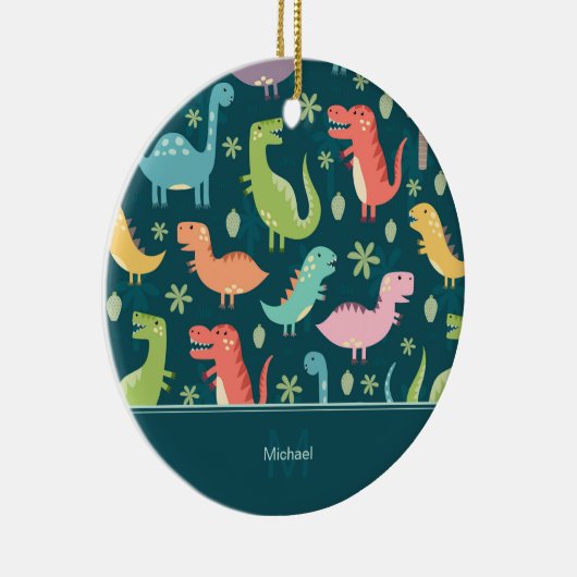 Dinosaur Pattern Blue Kind Monogram Boy Kerstmis Keramisch Ornament (Rechts)