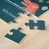 Dinosaur Pattern Blue Monogrammed Kind Boy Legpuzzel (Zijkant)