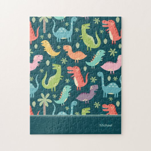 Dinosaur Pattern Blue Monogrammed Kind Boy Legpuzzel (Verticaal)