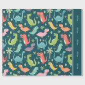 Dinosaur Pattern Blue Monogrammed Kind Boy Party Cadeaupapier (Vlak)
