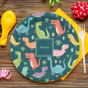 Dinosaur Pattern Blue Monogrammed Kind Boy Party Papieren Bordje