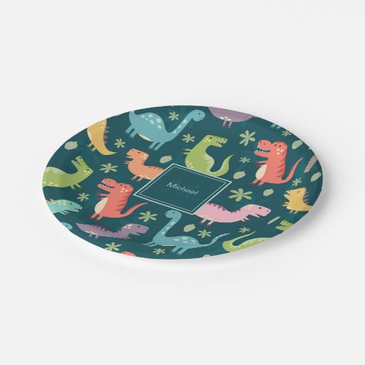 Dinosaur Pattern Blue Monogrammed Kind Boy Party Papieren Bordje (Gekanteld)